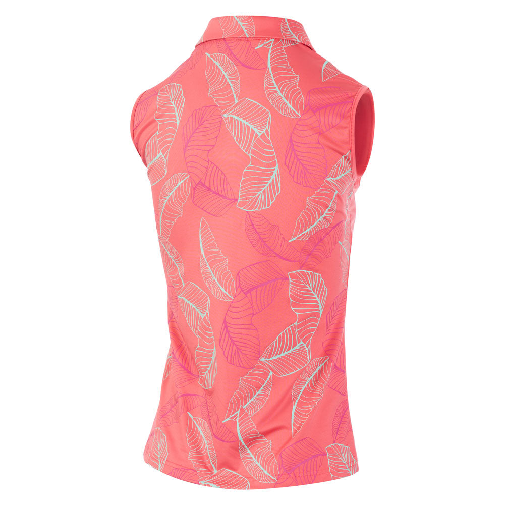 Island Green Ladies Sleeveless Polo in Coral Pink with Leaf Print 