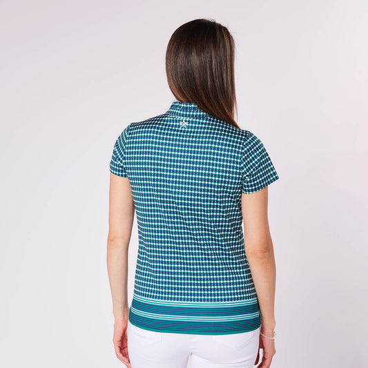 Swing Out Sister Ladies Cap Sleeve Polo in Geo Print with Frill Trim Detail