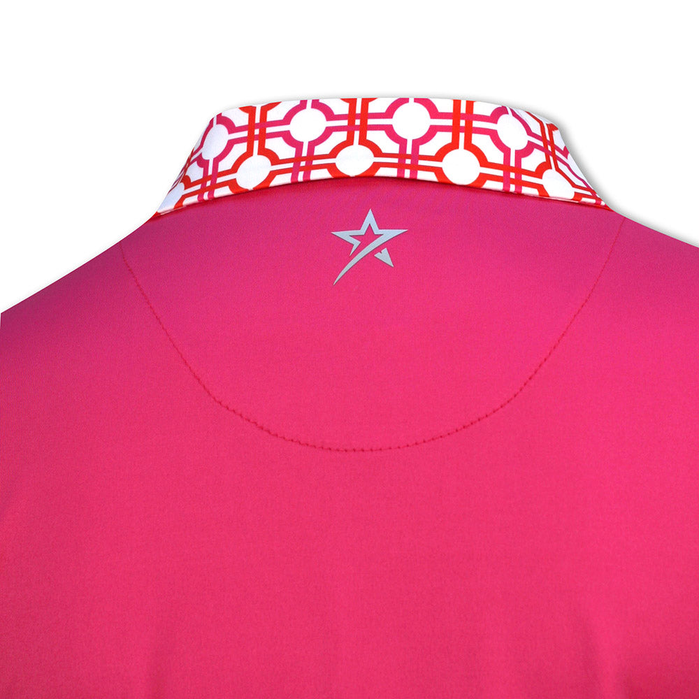 Swing Out Sister Ladies Zip-Neck Short Sleeve Polo with Lush Pink and Mandarin Mosaic Pattern