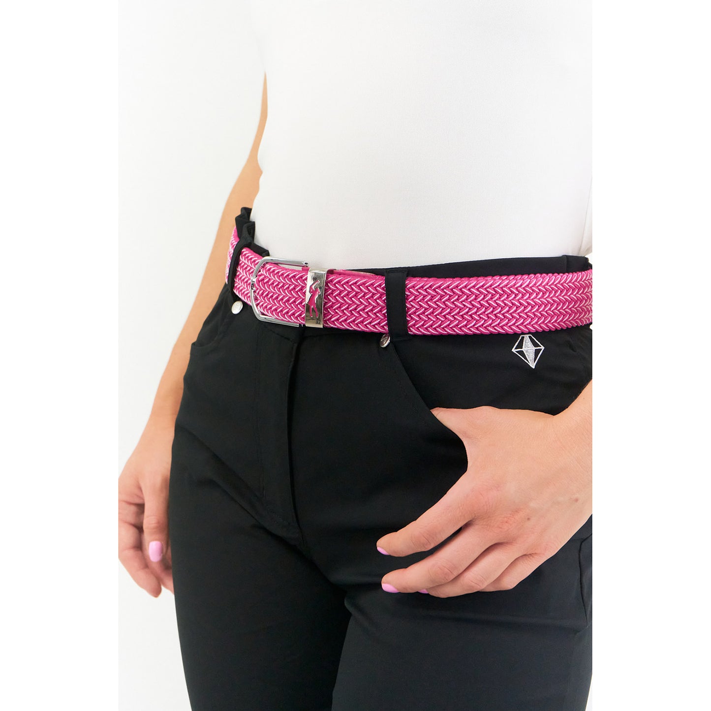 Surprizeshop Ladies Elasticated Braided Stretch Golf Belt in Pink & White