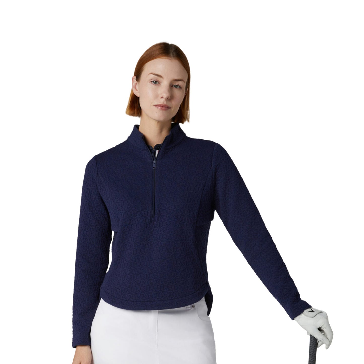 Callaway Ladies Golf Textured Floral Zip-Neck Top in Navy
