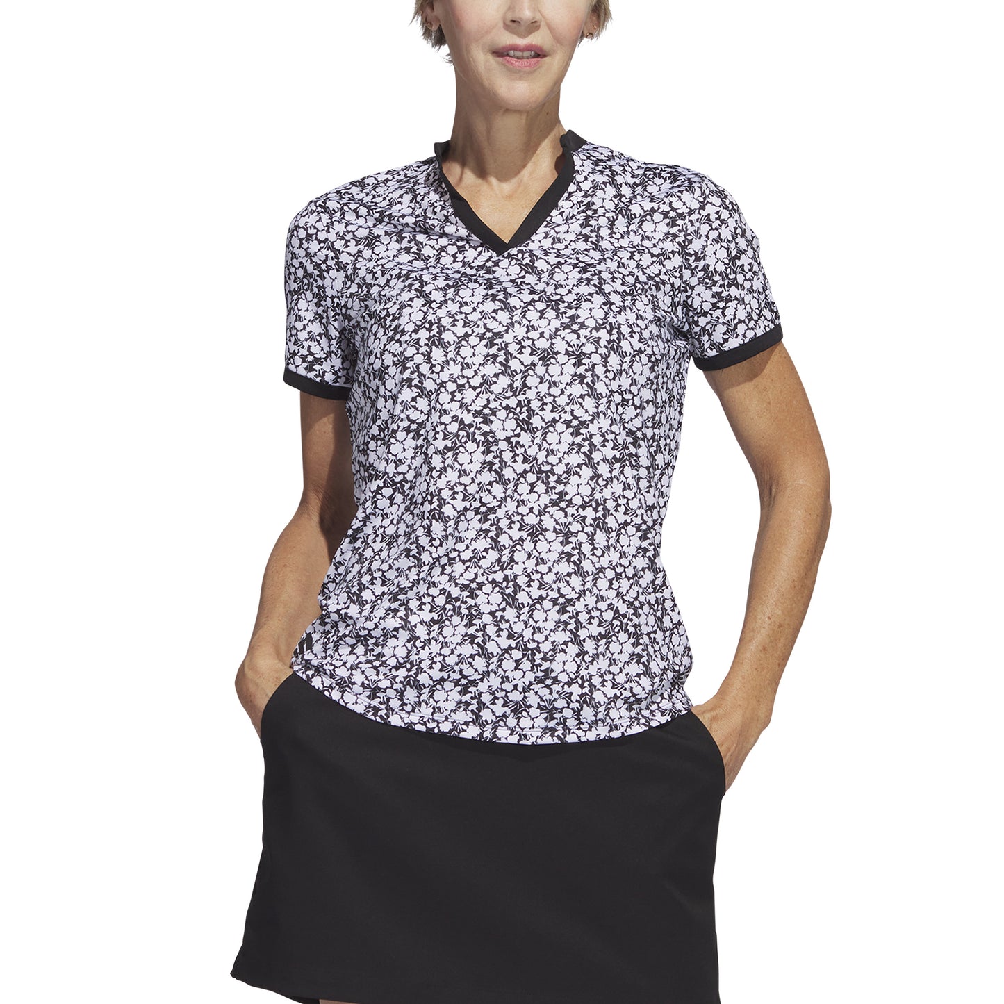adidas Ladies Short Sleeve Golf Polo with Black & White Floral Print