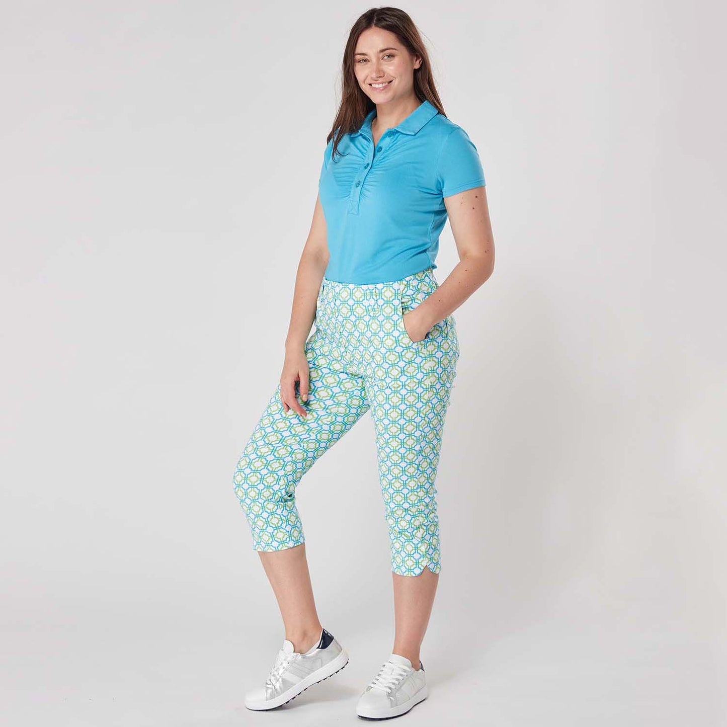 Swing Out Sister Women's Pull-On Capris in Dazzling Blue and Emerald with Mosaic Pattern