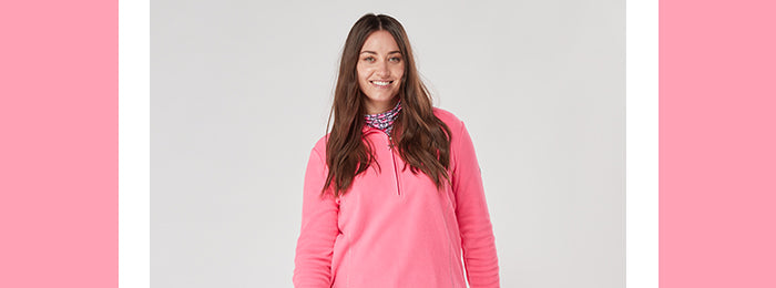 Model wearing Swing out Sister pink fleece
