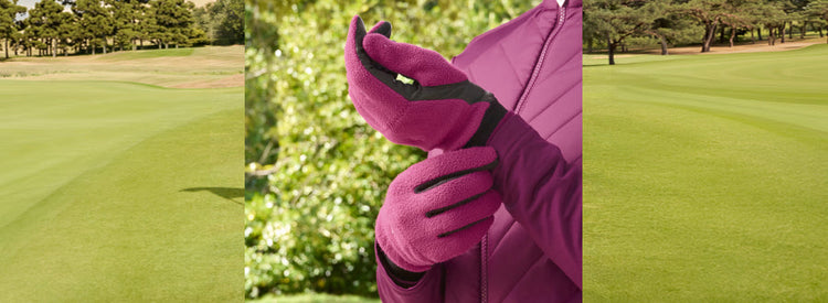 Image of a pair of ladies hands wearing Pure Golf berry coloured winter fleece gloves