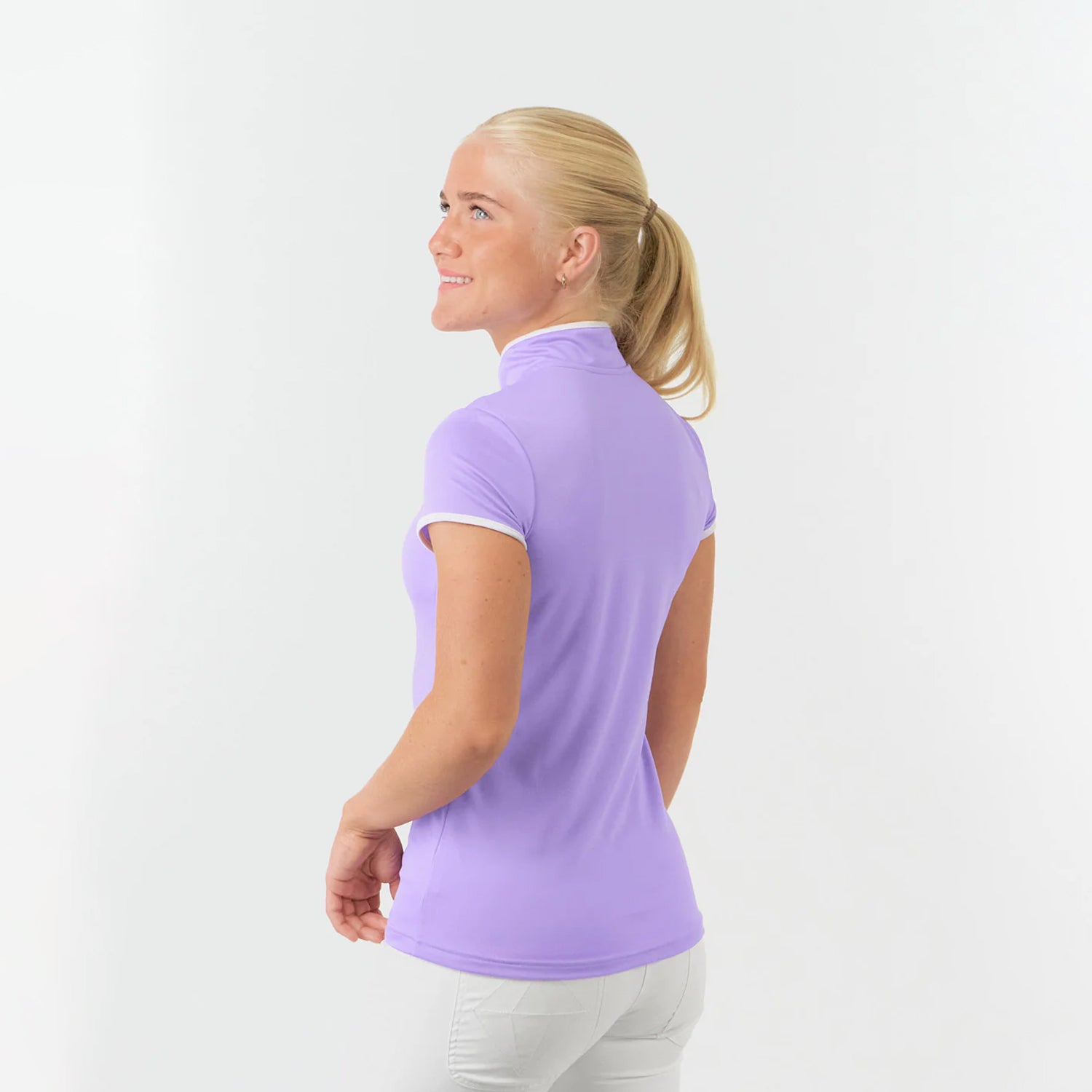 Pure Golf Ladies Cap Sleeve Mandarin Polo Shirt in Lilac