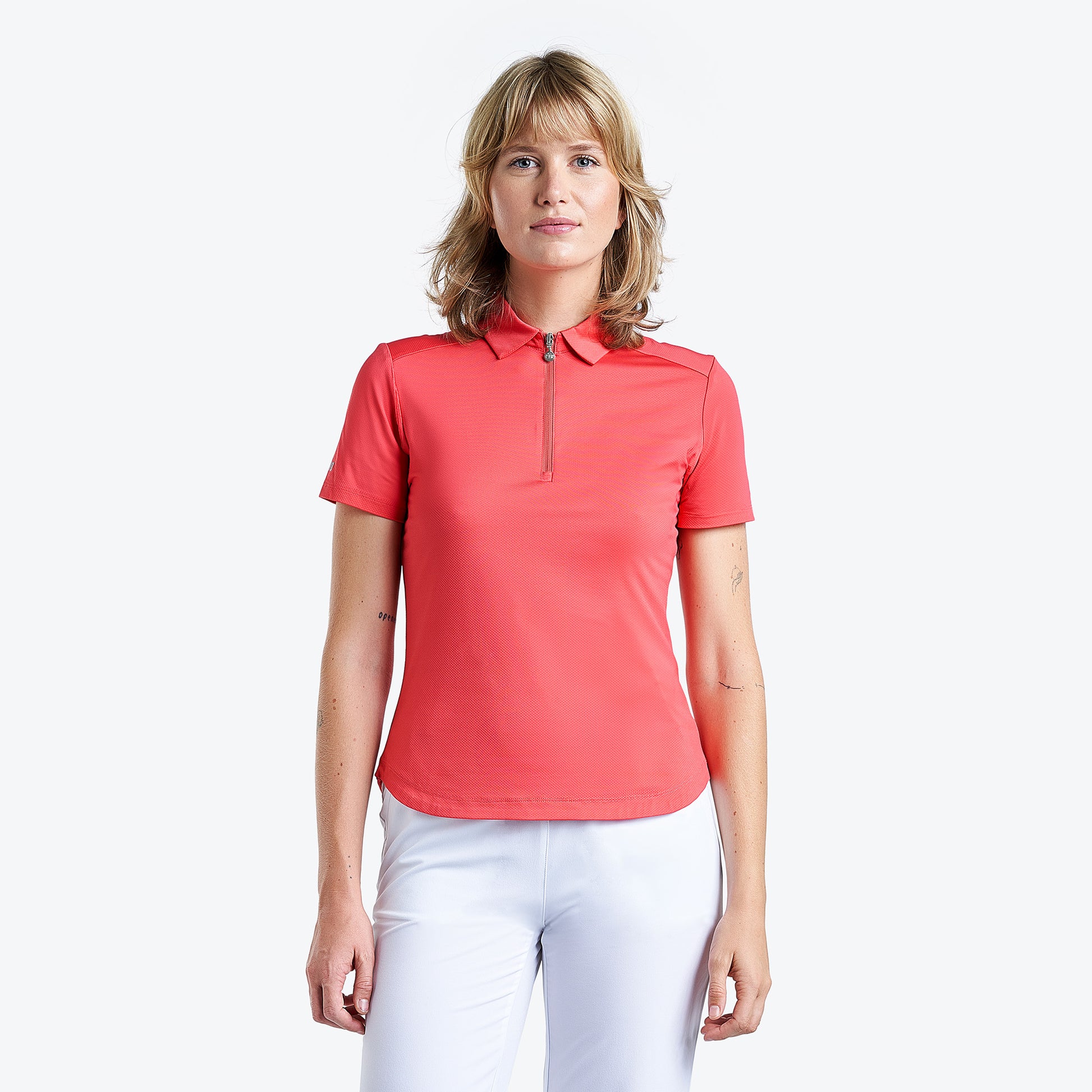 Nivo Ladies Short Sleeve Polo with UPF50 in Papaya Red – GolfGarb