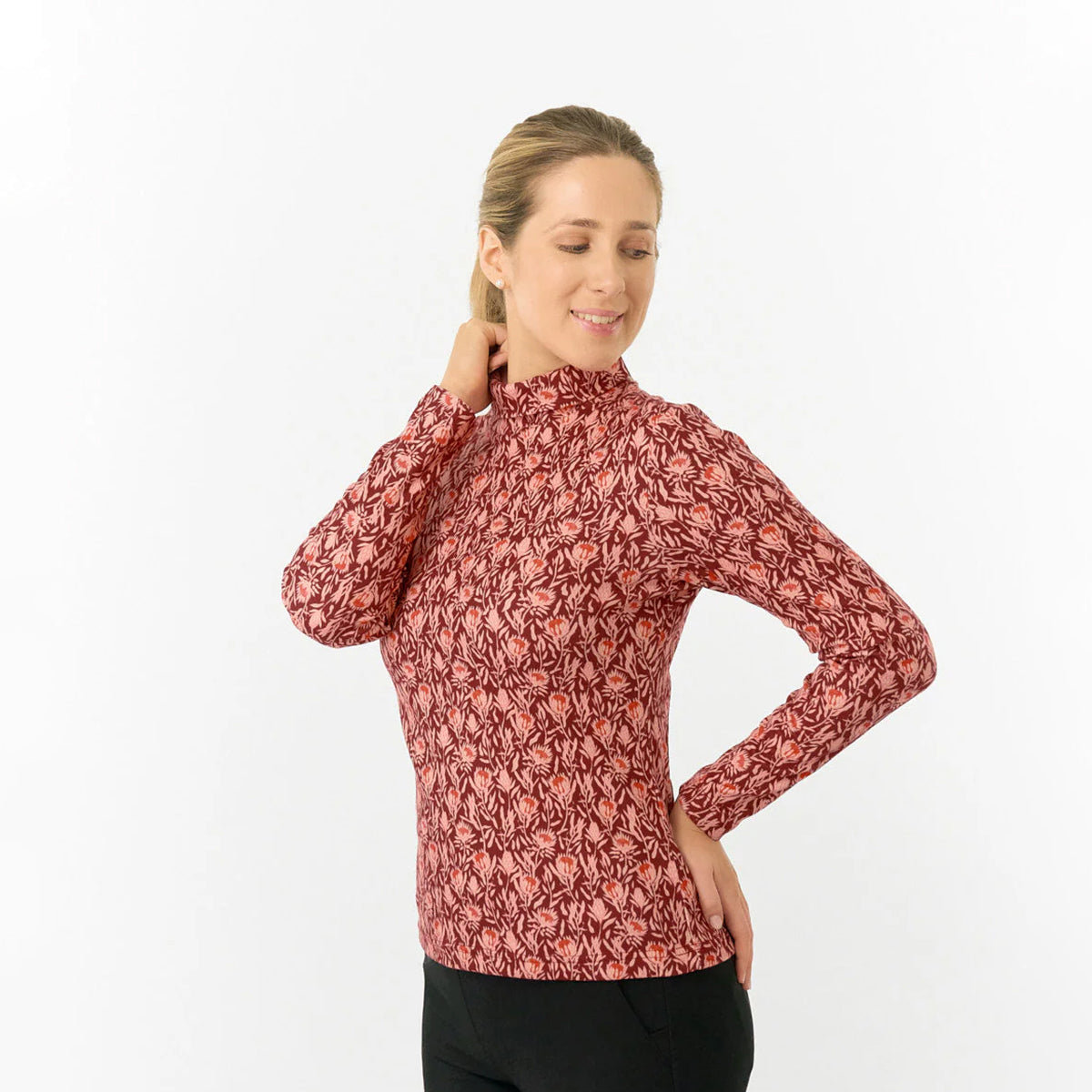 Pure Ladies Brushed-Backed Roll Neck with Autumnal Floral Print