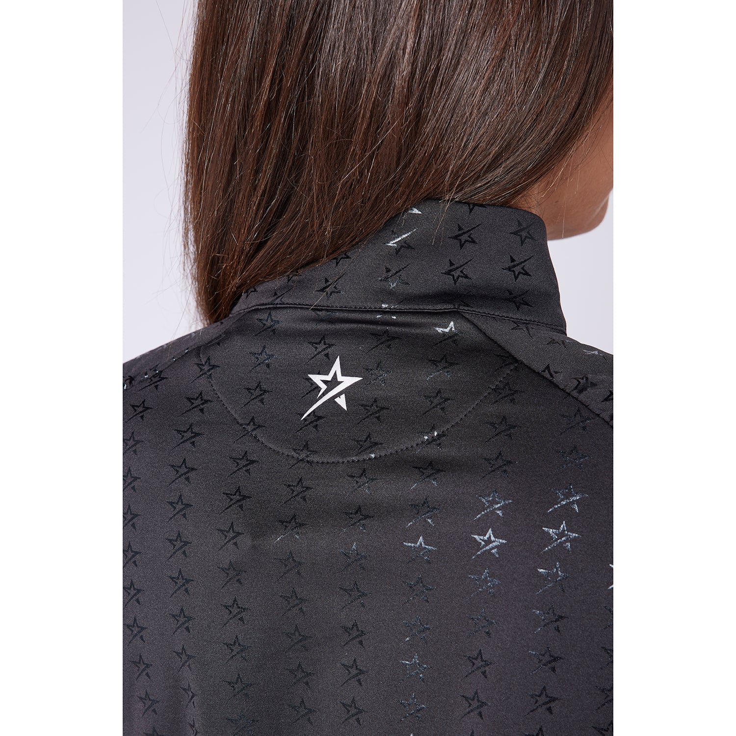 Swing Out Sister Ladies Zip-Neck Midlayer Top in Black with Star Print