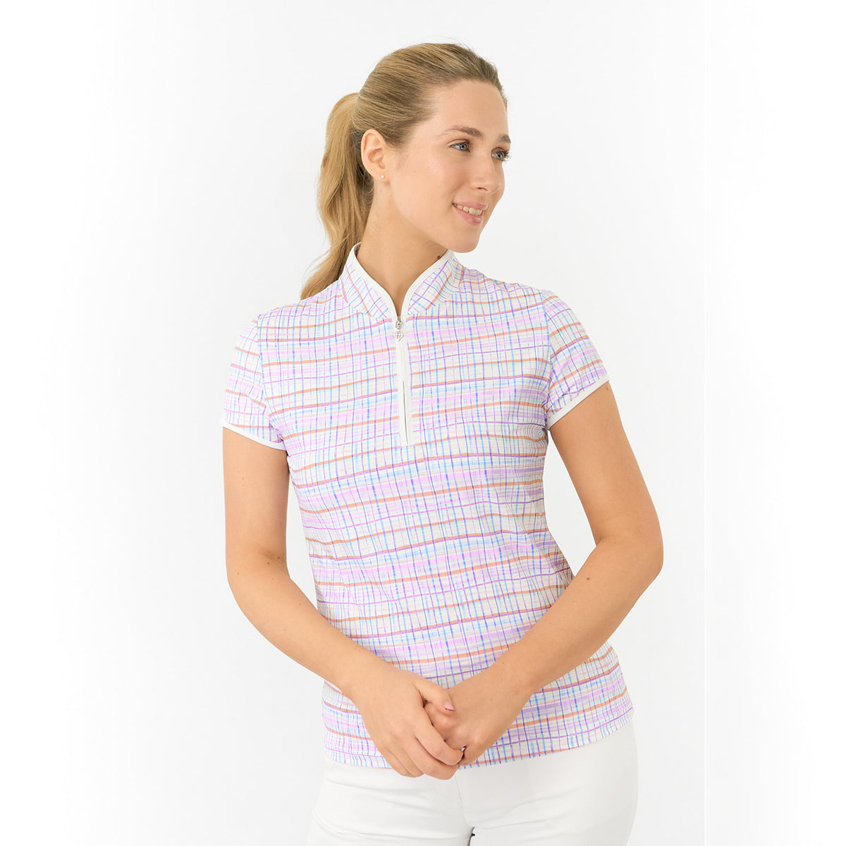 Pure Golf Cap Sleeve Zip Top in Pastel Check Print