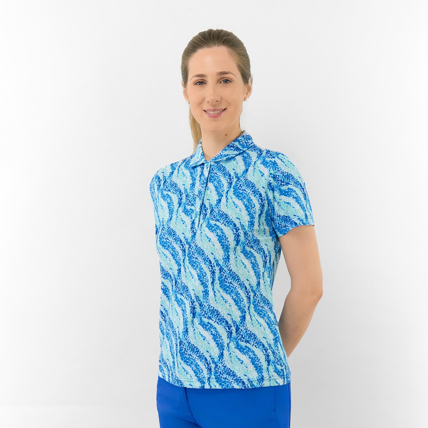 Pure Ladies Short Sleeve Buttoned Polo in Flowing Wave Print for Playful Style & All-Day Comfort