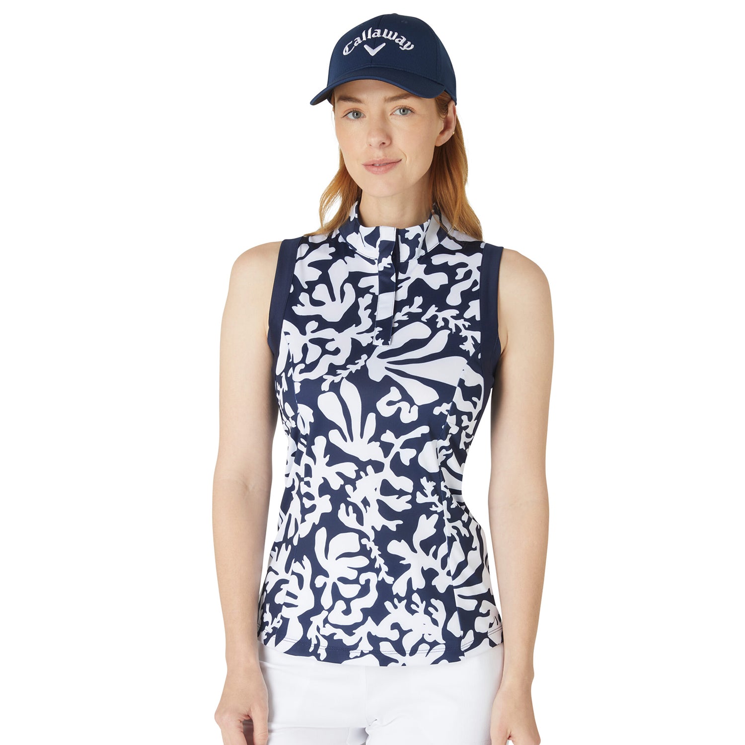 Callaway Womens Navy Abstract Floral Print Sleeveless Golf Polo 