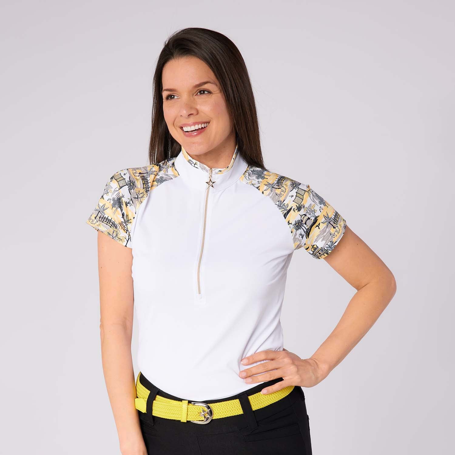 Swing Out Sister Ladies Short Sleeve Pique Polo with Contrast Sleeves for a Subtle Pop Of Print