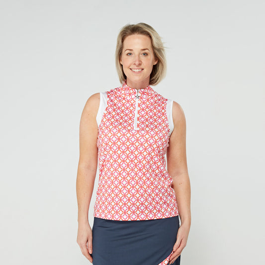 Swing Out Sister Sleeveless Ladies Zip-Neck Polo in Lush Pink and Mandarin Mosaic Pattern