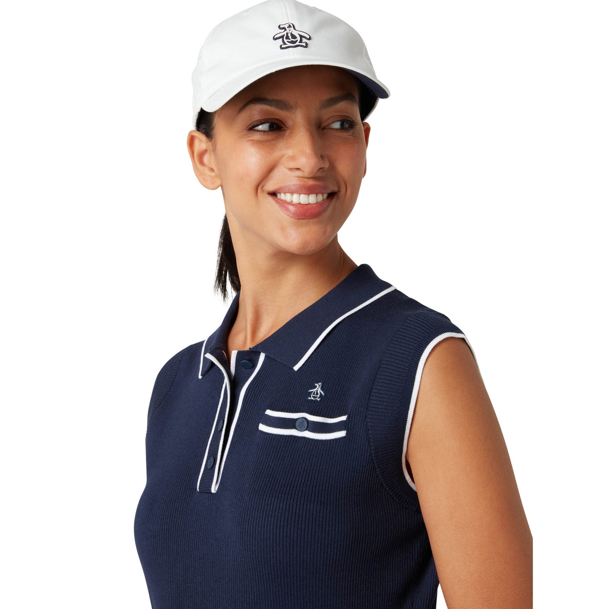 Original Penguin Ladies Sleeveless Fine Ribbed Knit Top In Navy