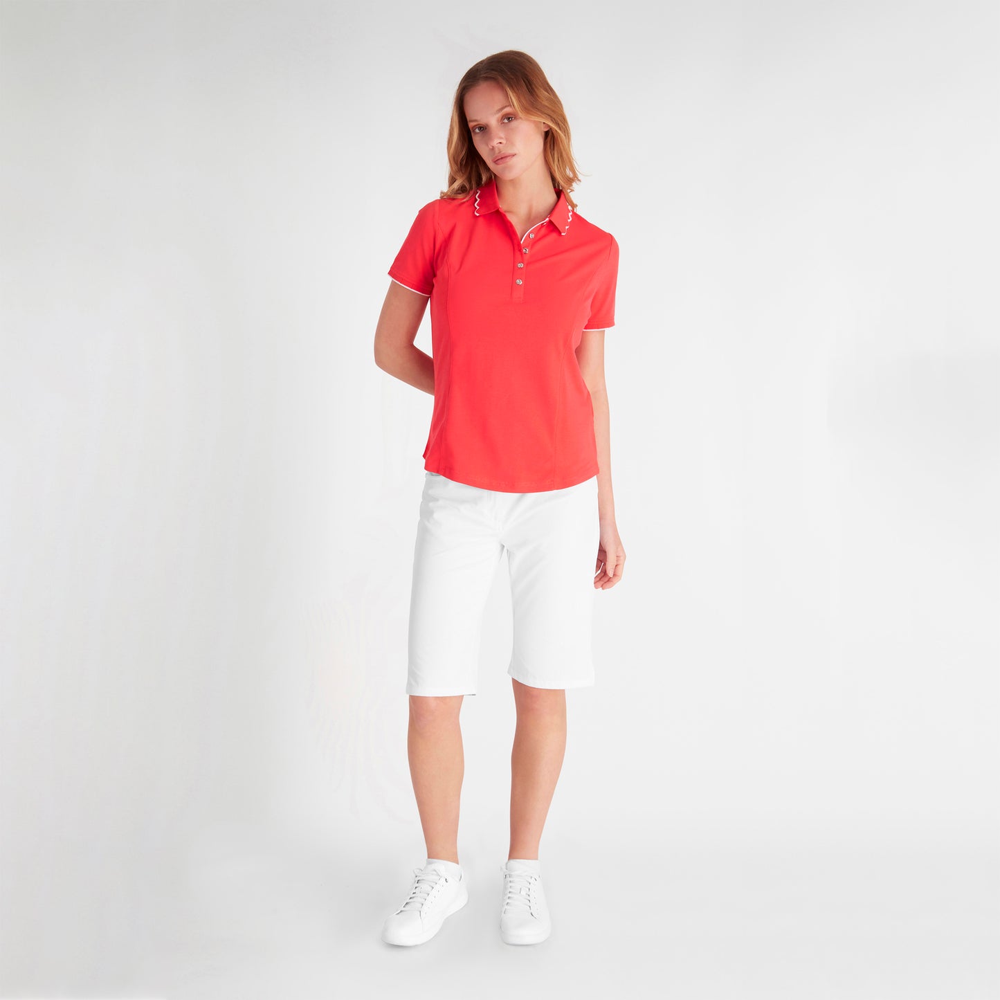 Green Lamb Ladies Short Sleeve Polo with Scalloped Collar in Poppy