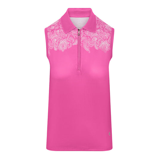 Pure Golf Ladies Sleeveless Zip-Neck Polo in Azalea Pink & Paisley Print