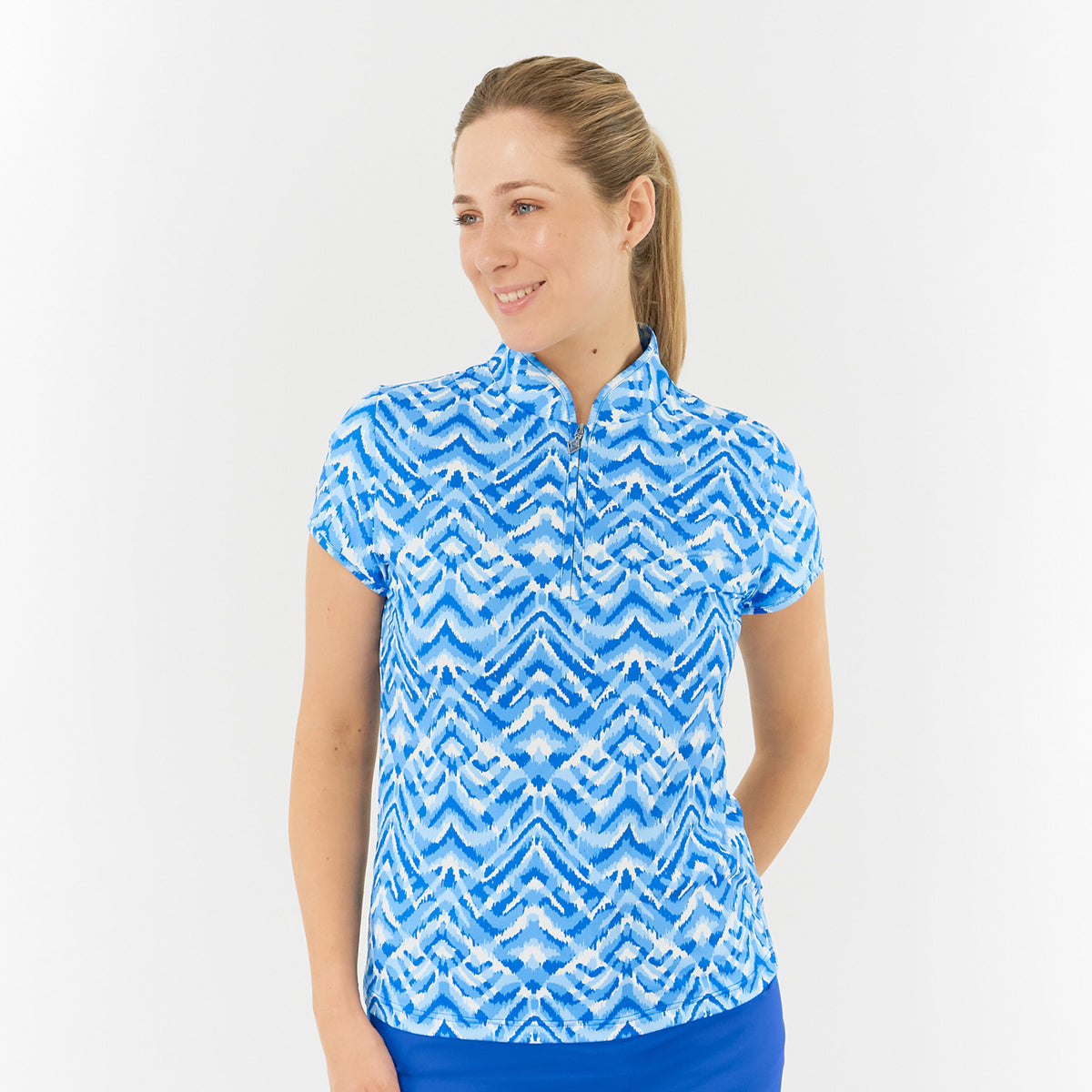 Pure Ladies Cap Sleeve Polo in Aztec Style Print