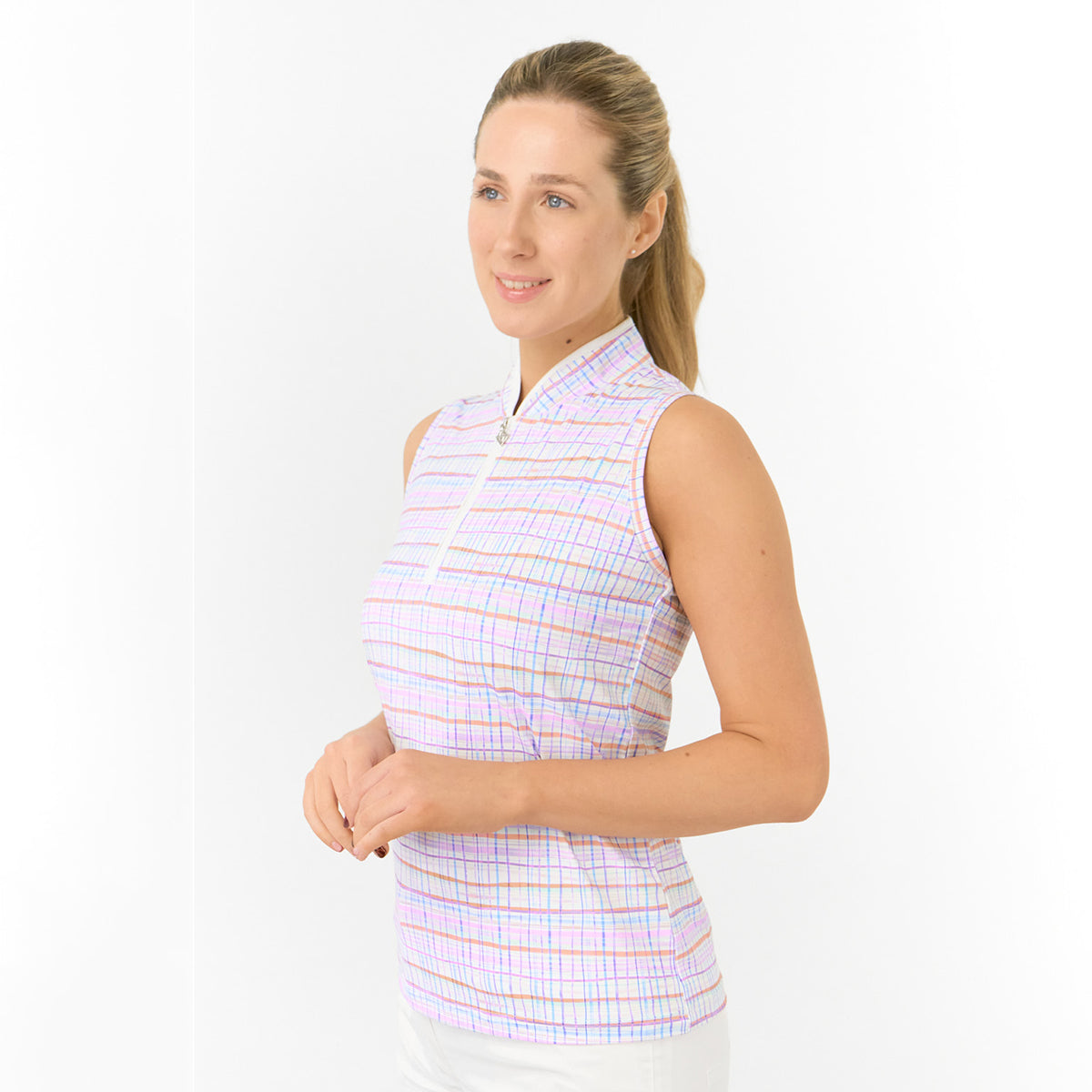 Pure Golf Ladies Sleeveless Polo Shirt in Pastel Check Print