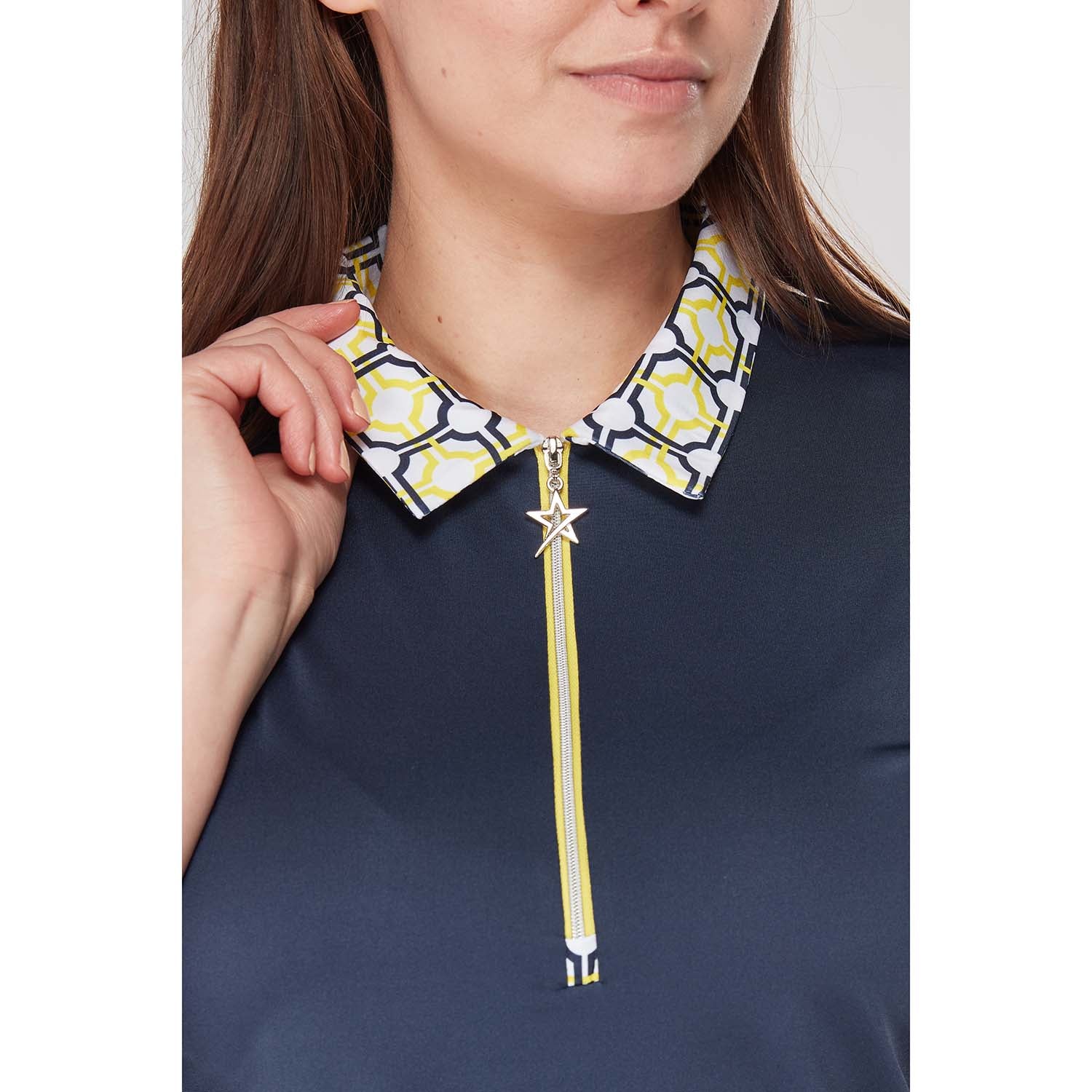Swing Out Sister Ladies Zip-Neck Short Sleeve Polo with Sunshine and Navy Mosaic Pattern Print