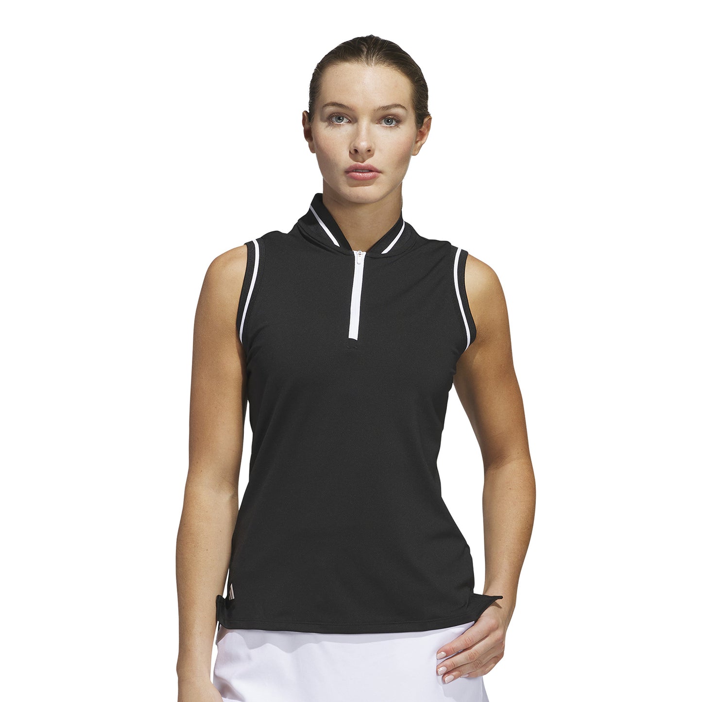 adidas Golf Ladies Black Zip-Neck Polo with Contrast Stripe Detailing