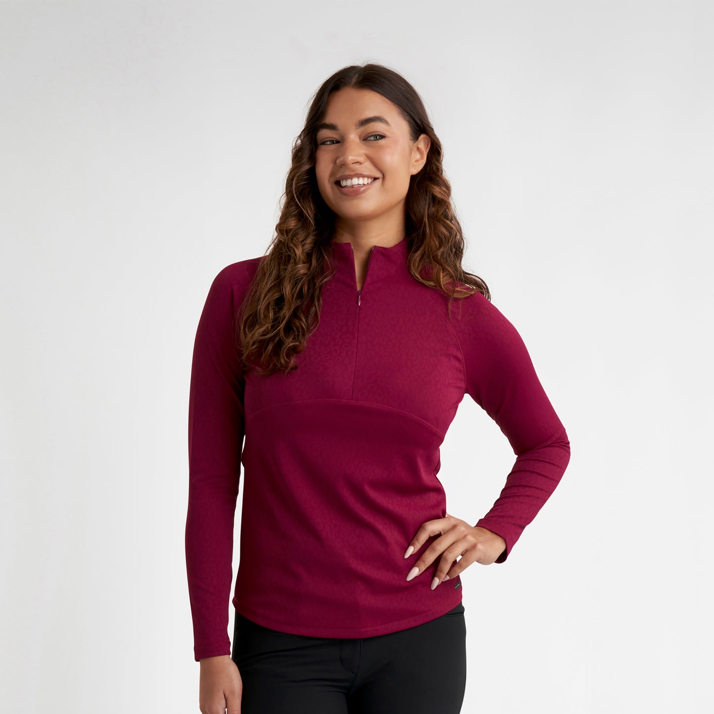 Green Lamb Ladies Lightweight 1/4 Zip Top with Jacquard Leopard Print