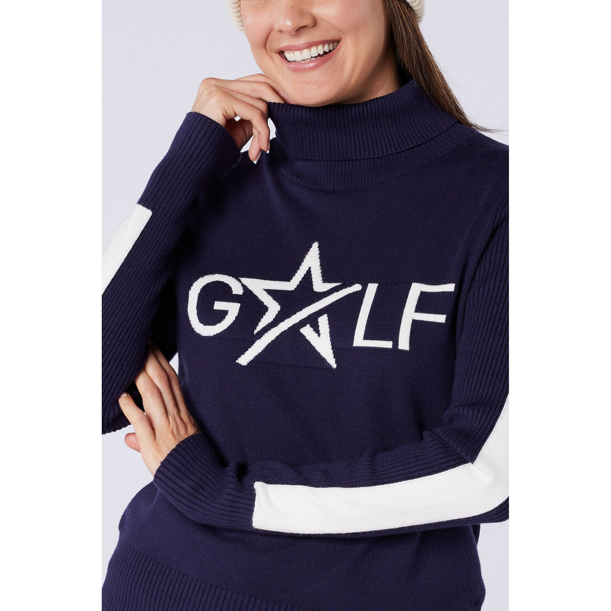 Swing Out Sister Womens 'Golf' Roll Neck with Ribbing in Navy & White