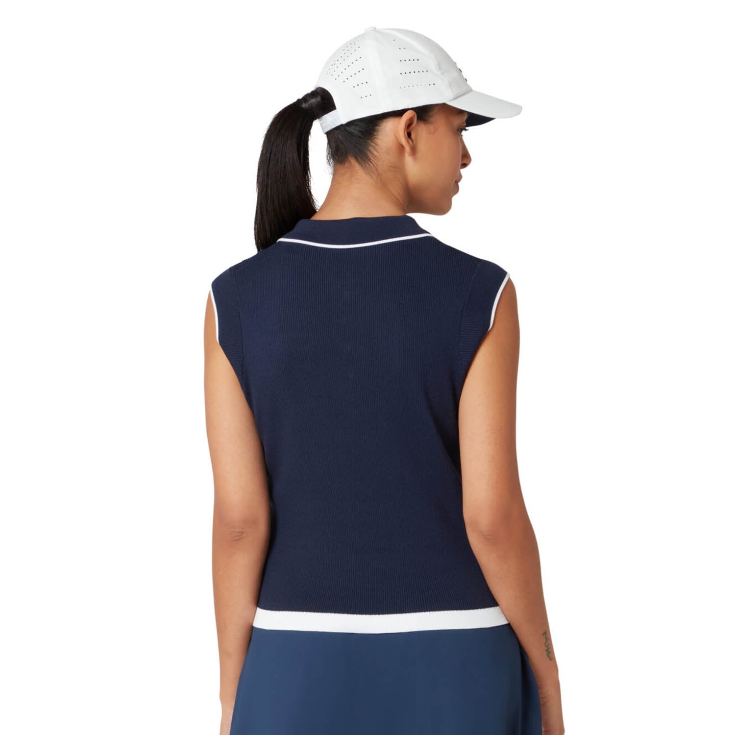 Original Penguin Ladies Sleeveless Fine Ribbed Knit Top In Navy