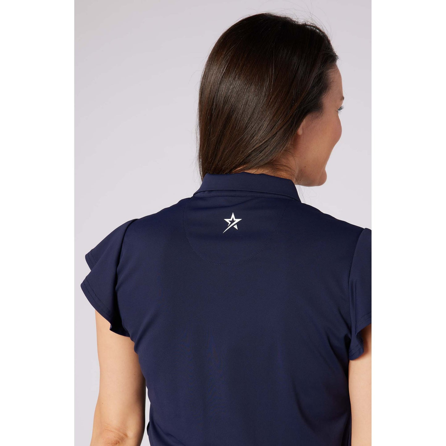 Swing Out Sister Ladies Fluted Sleeve Navy Polo for Elegant Flair On & Off The Course