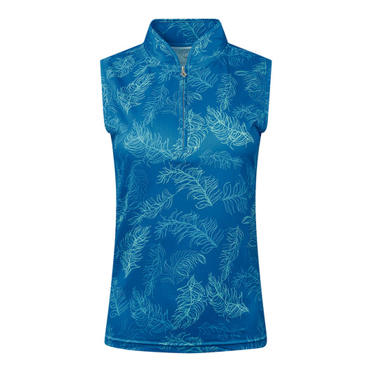 Pure Golf Ladies Blue Feather Print Sleeveless Polo