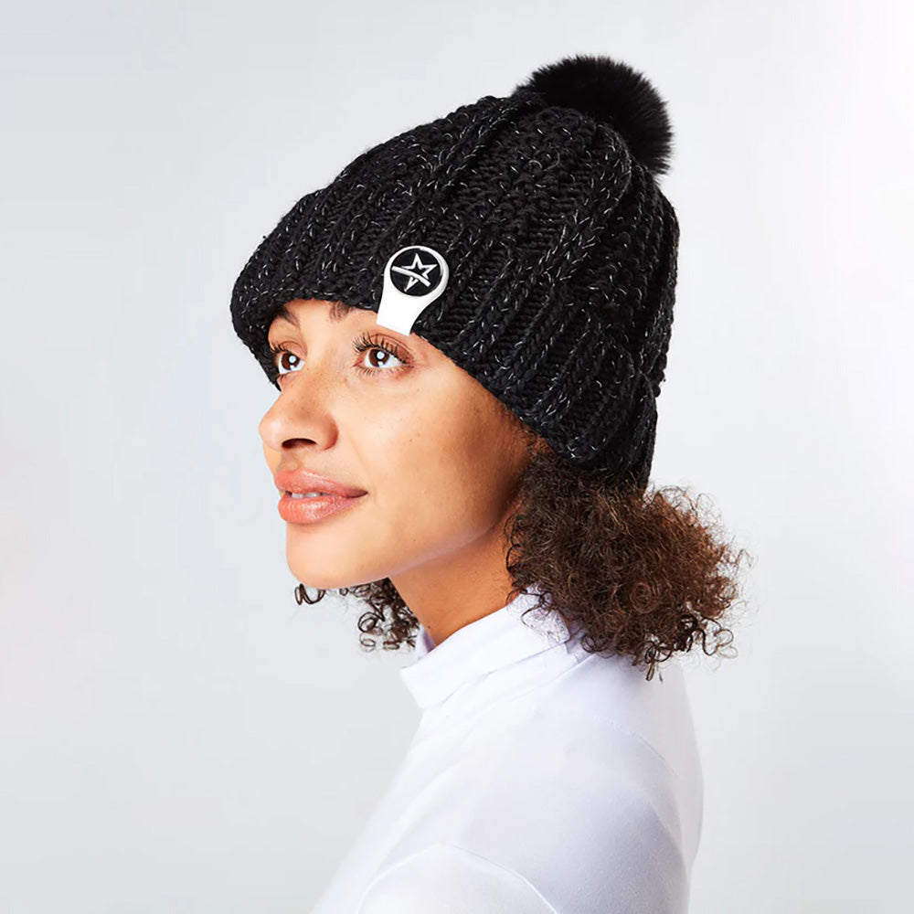 Swing Out Sister Ladies Knitted Bobble Hat in Pitch Black & Silver