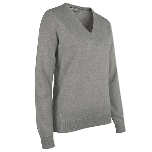 Glenmuir Ladies 100% Cotton V-Neck Sweater in Light Grey Marl