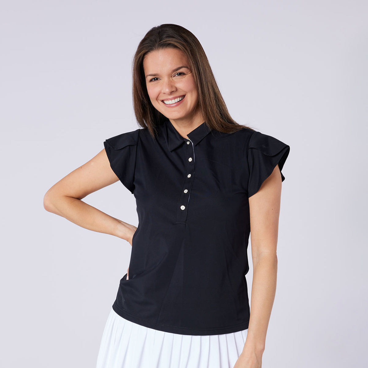 Swing Out Sister Ladies Fluted Cap Sleeve Polo in Black