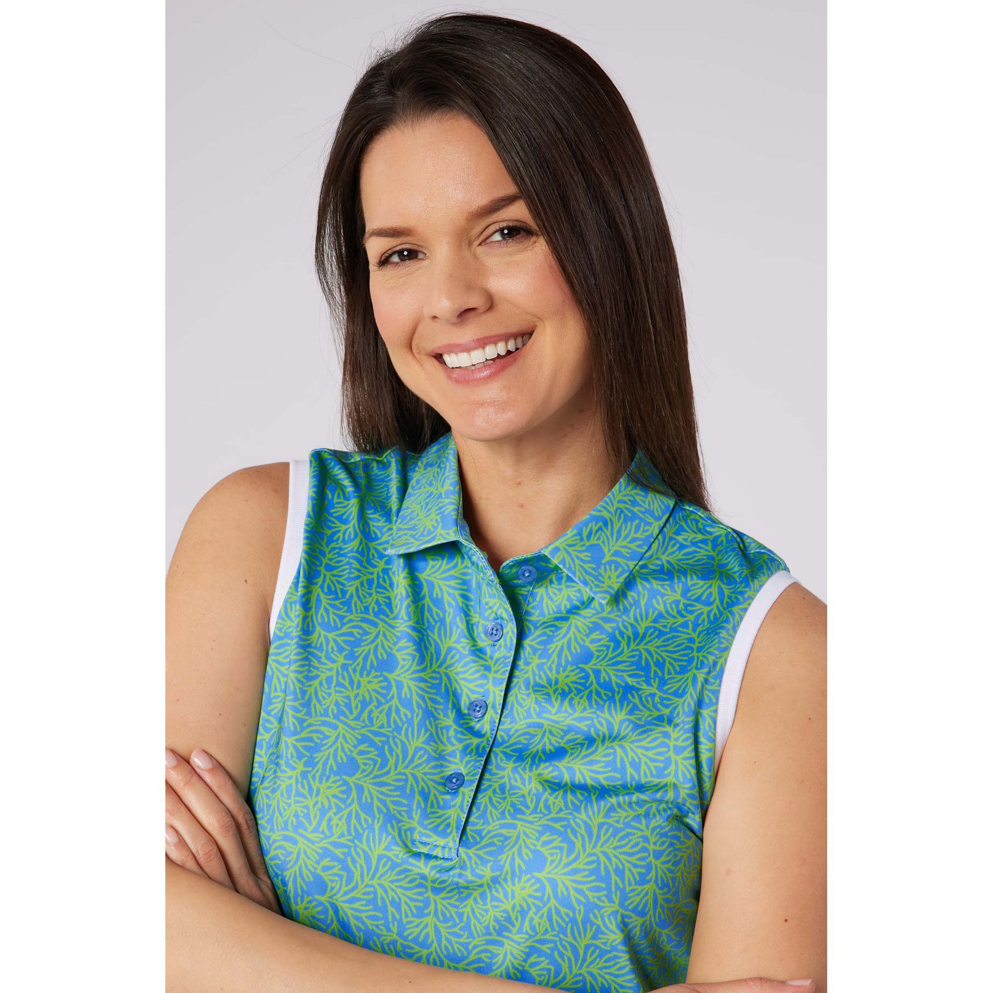 Swing Out Sister Ladies Ultra-Soft Sleeveless Polo with Head Turning Print & Stylish Contrast Trim