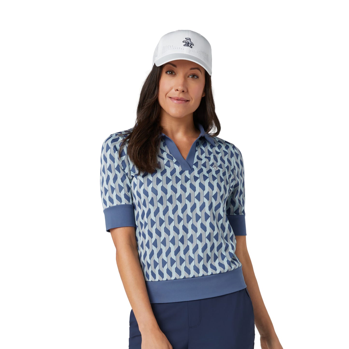 Original Penguin Womens V-Neck Jacquard Polo with Geo Print