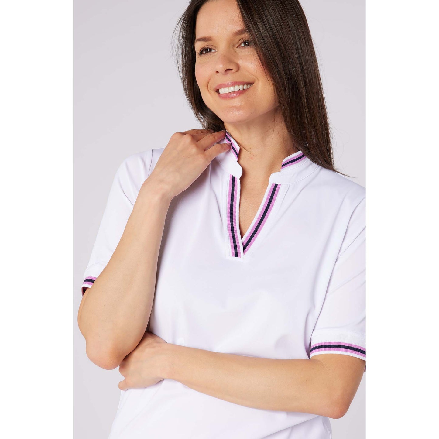 Swing Out Sister Ladies Short Sleeve Pique Polo with Unique Collar & Elegant Contrast Stripe