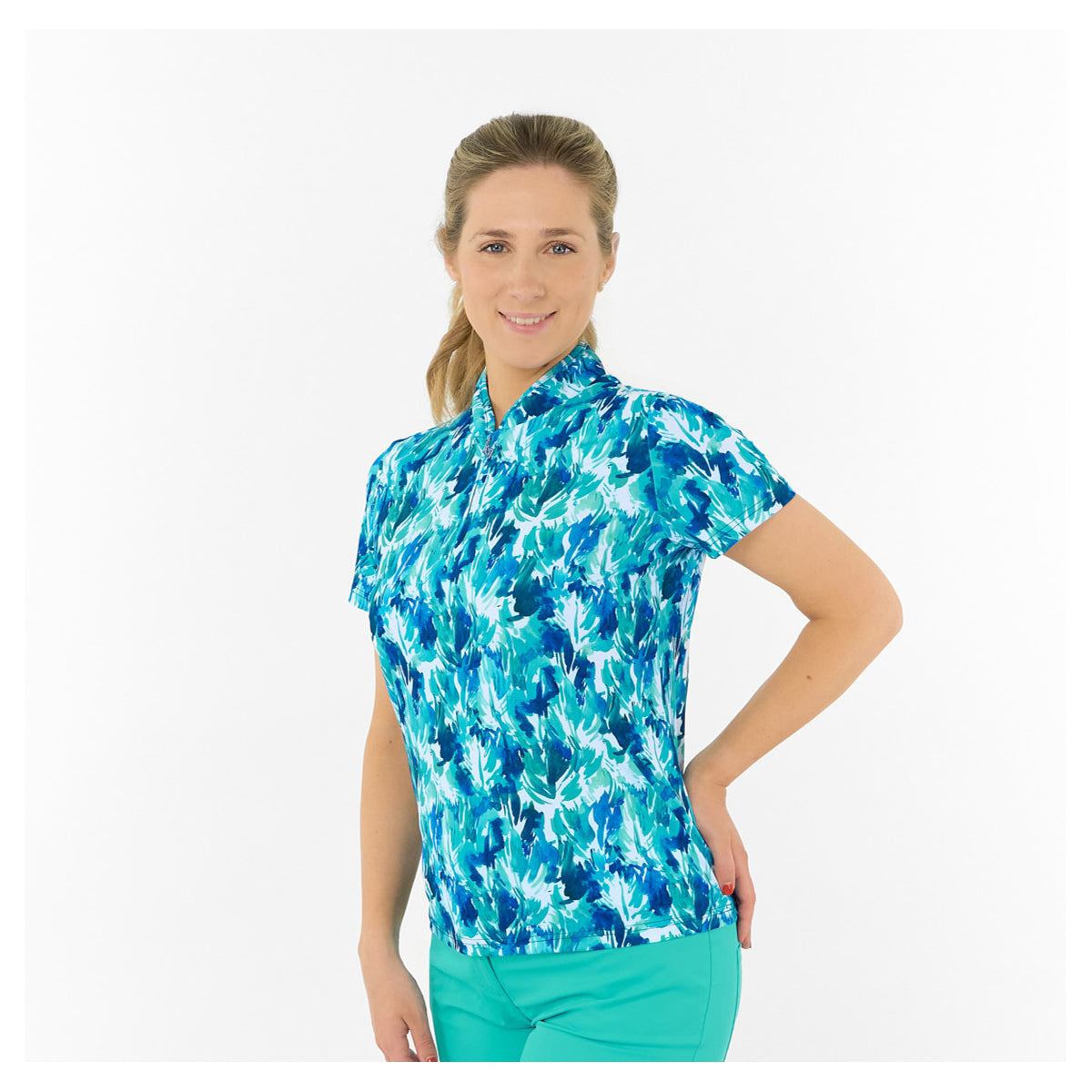 Pure Ladies Short Sleeve Polo in Abstract Botanical Print 