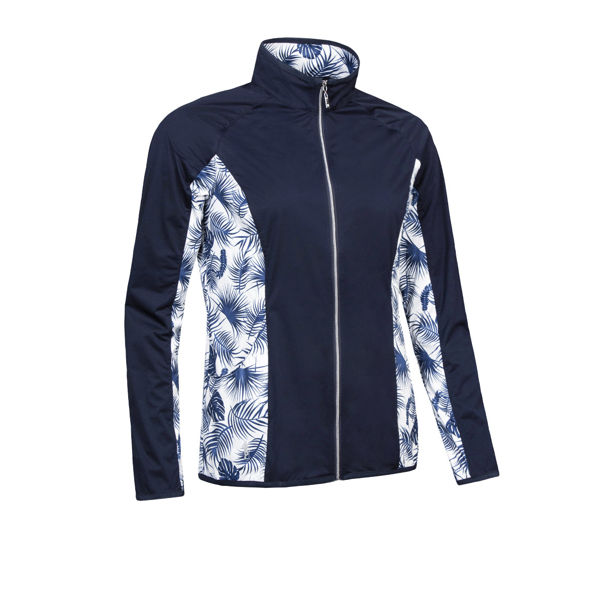 Glenmuir Ladies Lightweight Showerproof Performance Golf Jacket in Navy & White Tropical Print