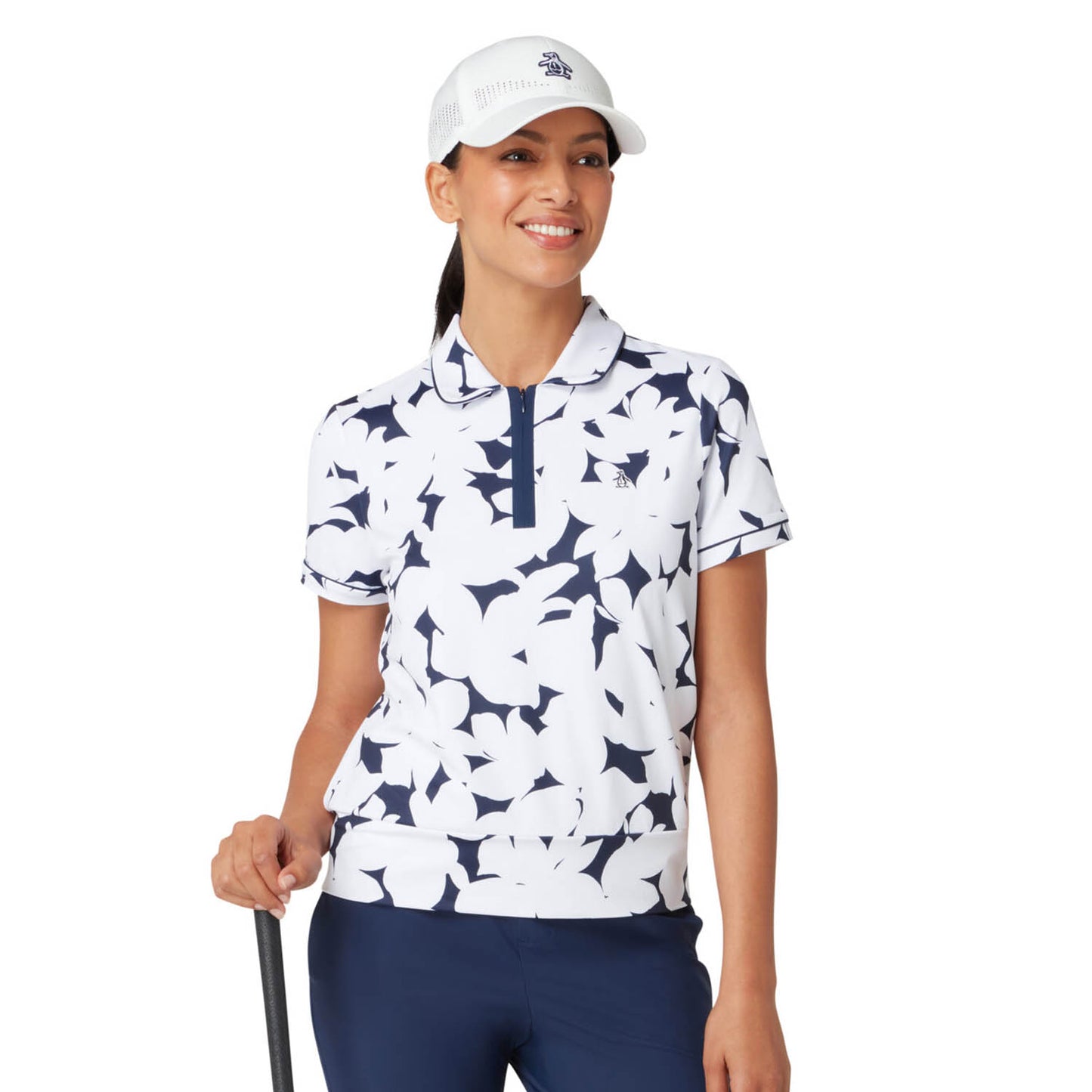 Original Penguin Womens Short Sleeve Floral Polo Shirt in Navy and White