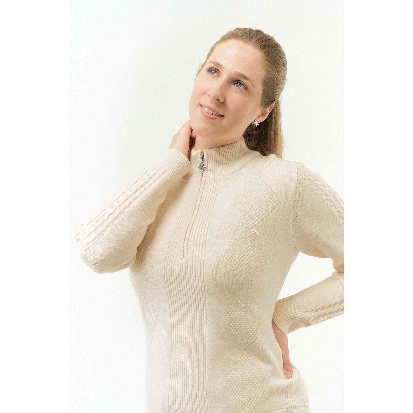 Pure Ladies Lined Zip-Neck Golf Sweater with Cable Knit Design