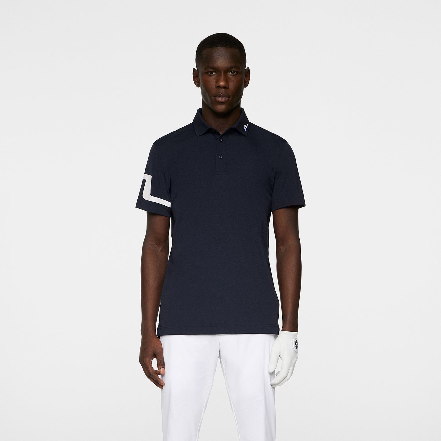 J.Lindeberg Mens Short Sleeve Polo with Bridge Print Sleeve in Navy