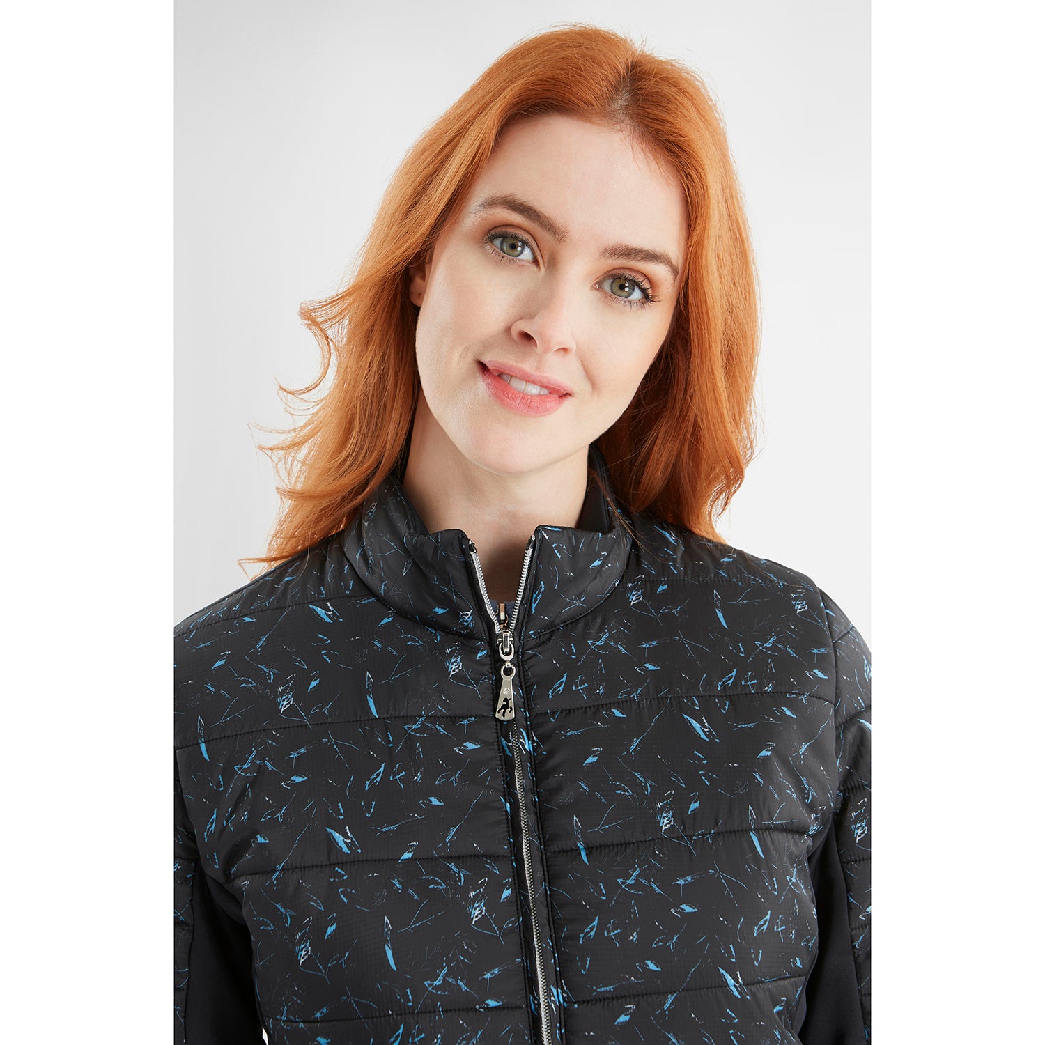 Green Lamb Ladies Quilted Jacket with Stretch Panels in Black Leaf Print