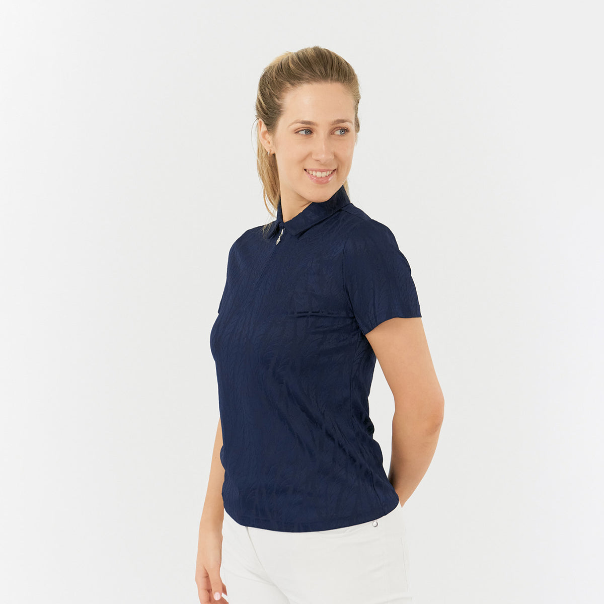 Pure Golf Ladies Jacquard Fern Print Polo in Navy