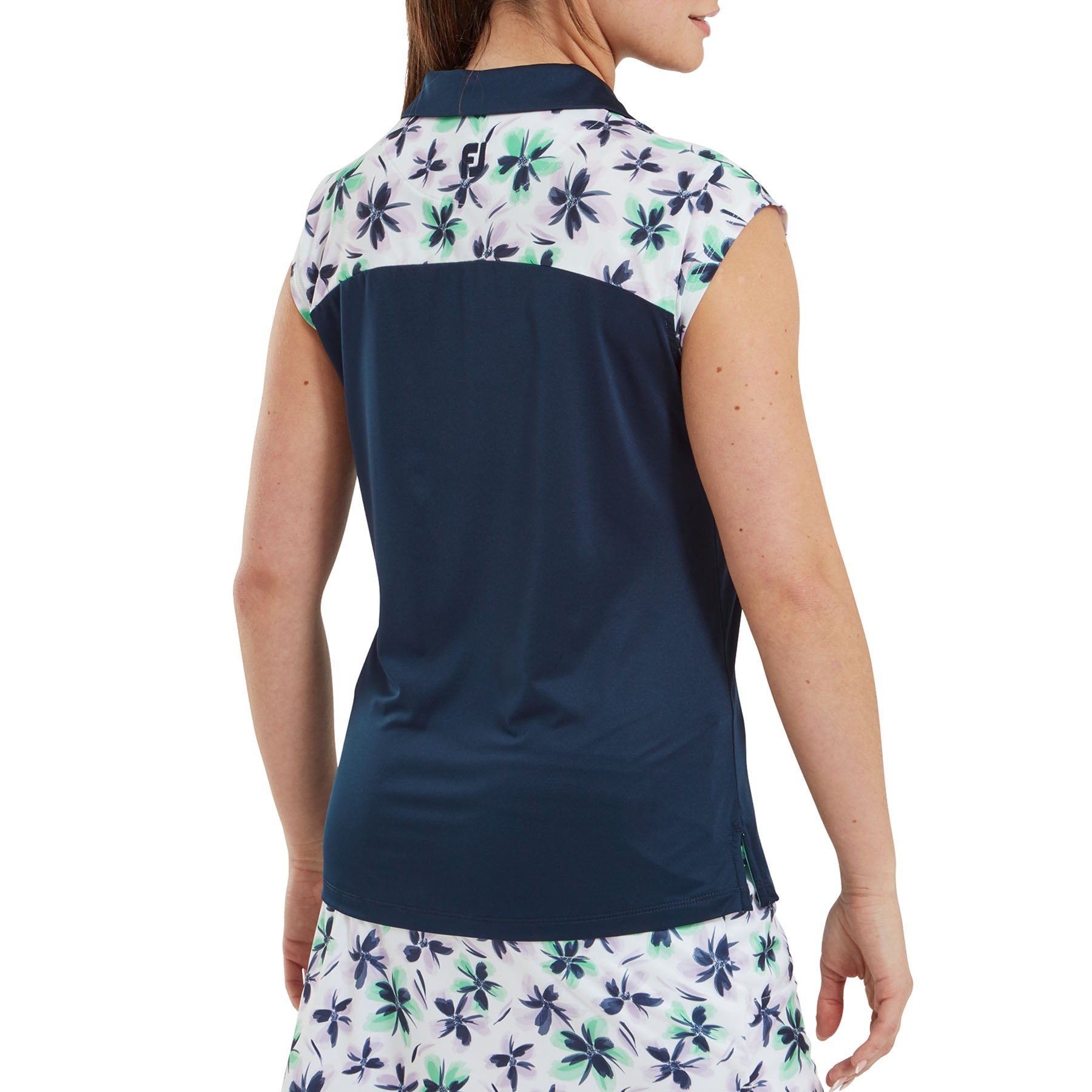 FootJoy Ladies Cap Sleeve Floral Print Panel Polo in Mint and Navy