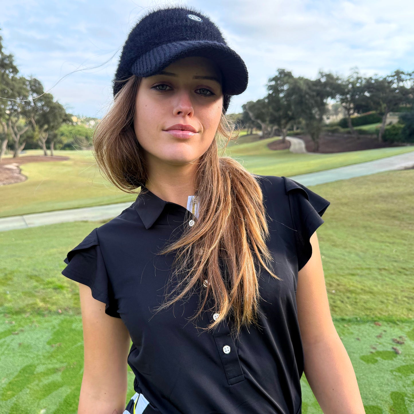 Swing Out Sister Ladies Fluted Cap Sleeve Polo in Black