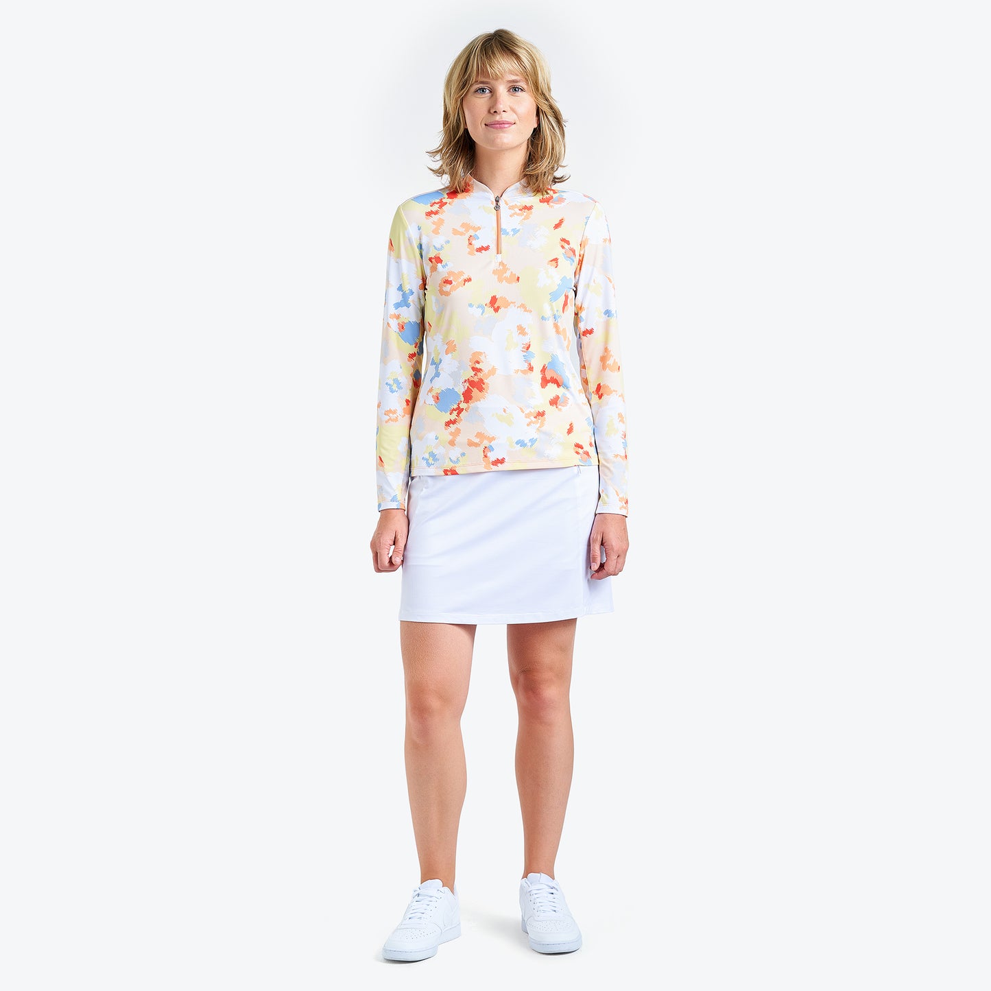 Nivo Ladies Long Sleeve Polo in in Multicoloured Abstract Camouflage Print