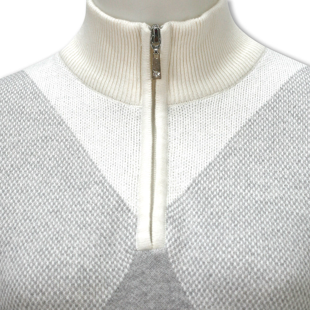 Diamond Argyle Zip-Neck Sweater with Cashmere in White & Light Grey Marl