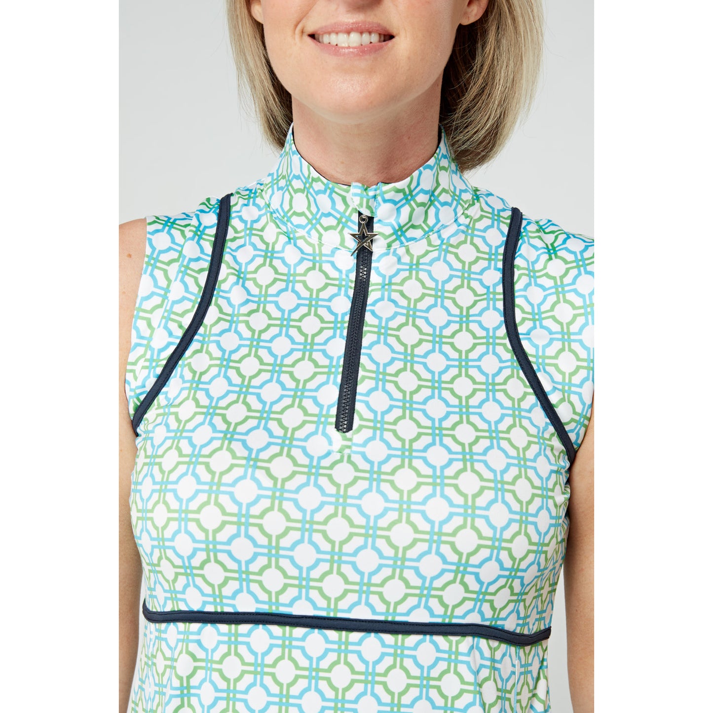 Swing Out Sister Ladies Sleeveless Golf Dress in Dazzling Blue and Emerald Mosaic Pattern