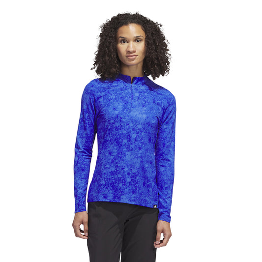 adidas Ladies Long Sleeve Zip-Neck Top with Abstract Print in Lucid Blue