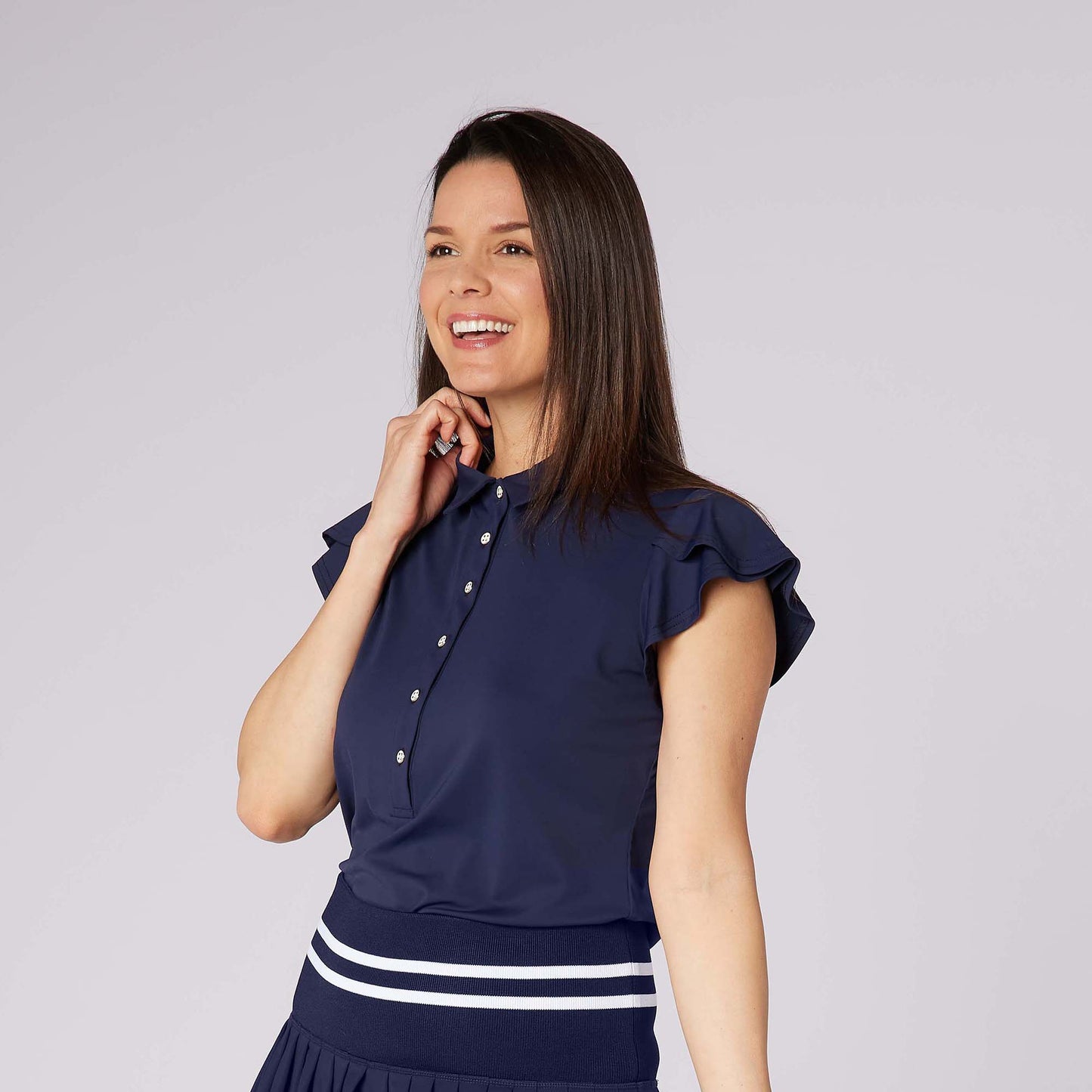 Swing Out Sister Ladies Fluted Sleeve Navy Polo for Elegant Flair On & Off The Course